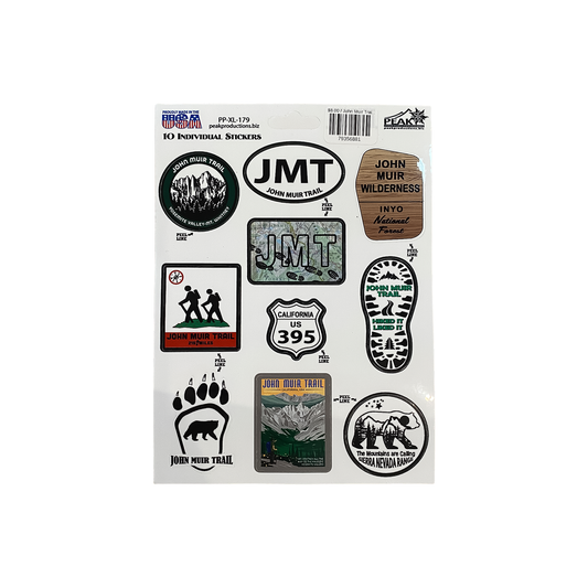 Sticker sheet featuring 10 designs celebrating the John Muir Trail, including trail badges and wildlife silhouettes.
