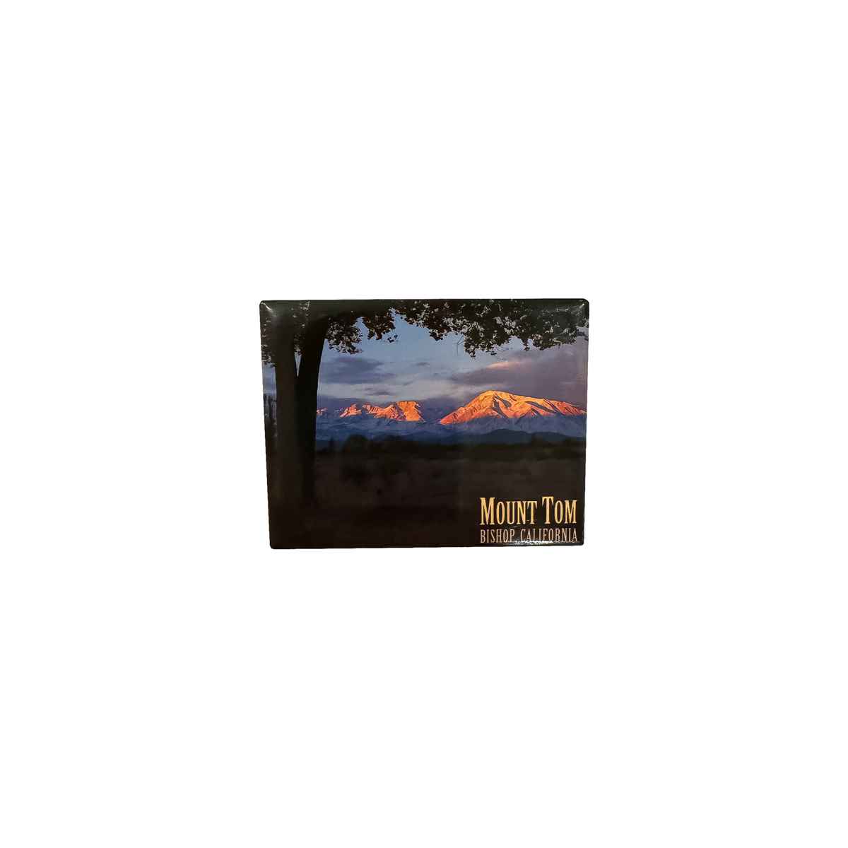 Souvenir magnet of Mt. Tom at sunrise, showcasing vibrant colors over Owens Valley, ideal for hikers and travelers.