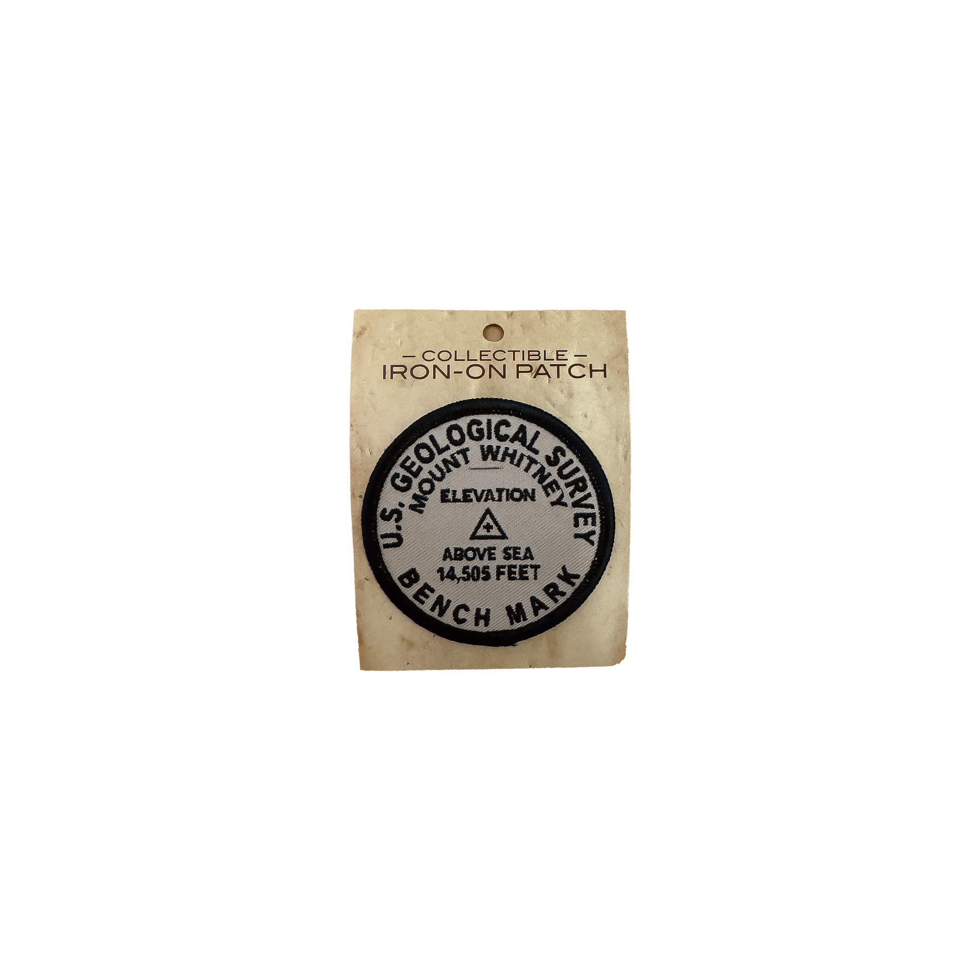 Circular black and white patch displaying "Mount Whitney Bench Mark, Elevation Above Sea 14,505 Feet" on a white background.