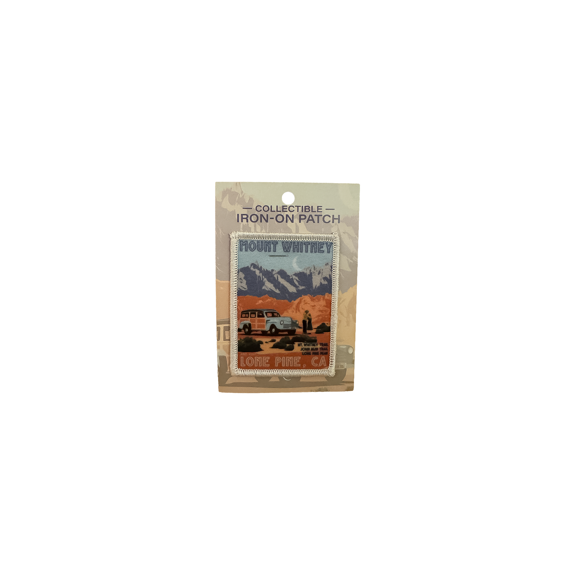 Embroidered patch featuring a vintage Mt. Whitney design with rugged peaks and a campsite, ideal for outdoor gear decoration.