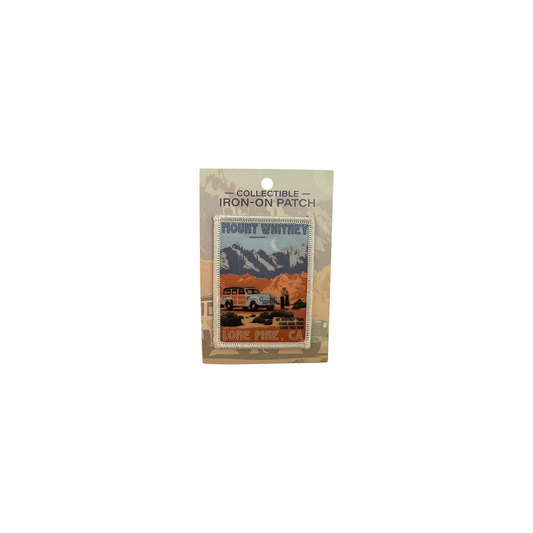 Embroidered patch featuring a vintage Mt. Whitney design with rugged peaks and a campsite, ideal for outdoor gear decoration.