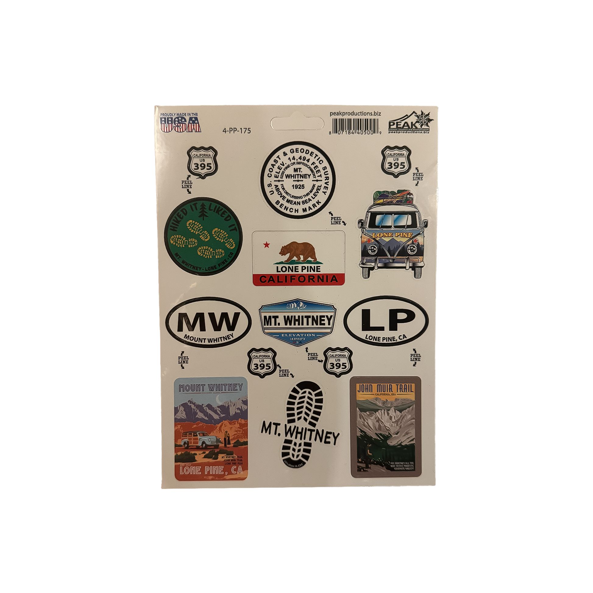 A colorful sticker sheet featuring various designs celebrating the Mt. Whitney hiking destinations.