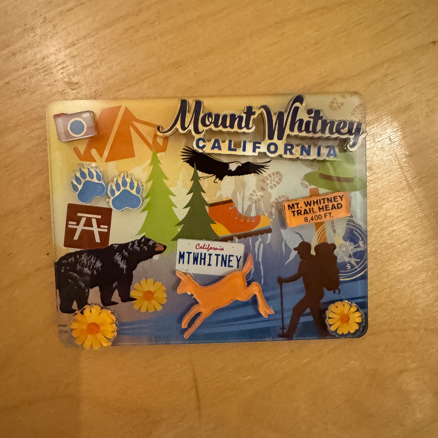 Colorful magnet featuring Mt. Whitney Trailhead design, perfect for hikers and outdoor enthusiasts as a souvenir or gift.