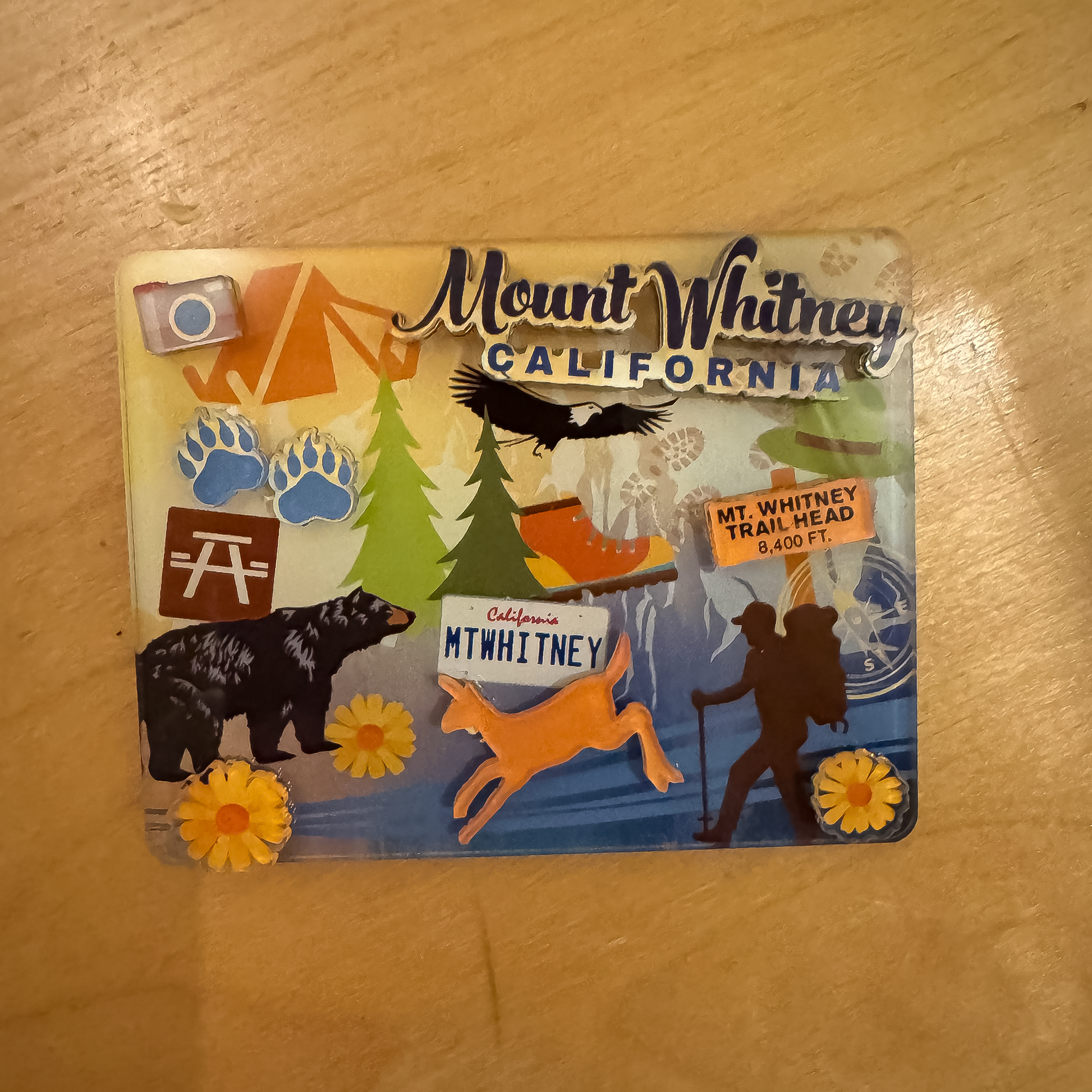 Colorful magnet featuring Mt. Whitney Trailhead design, perfect for hikers and outdoor enthusiasts as a souvenir or gift.