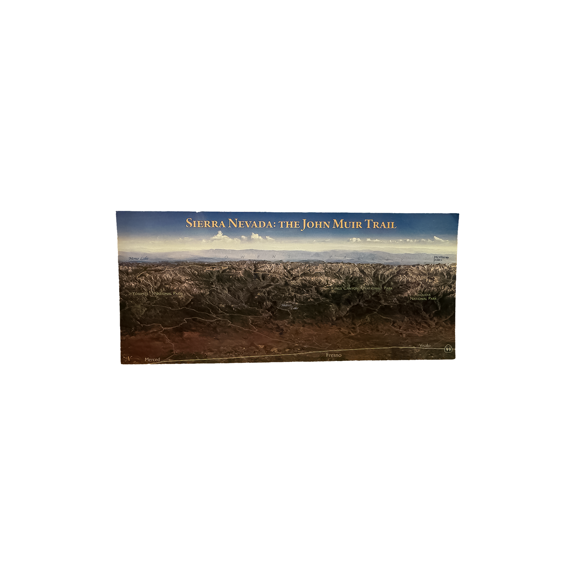 Panoramic postcard featuring a bird’s-eye map of the John Muir Trail through the Sierra Nevada mountains and desert landscape.