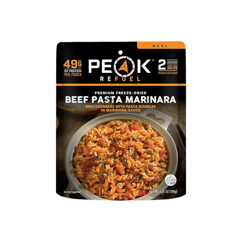 Peak Refuel beef pasta marinara, 2 servings, protein-rich, quick prep, no fillers.