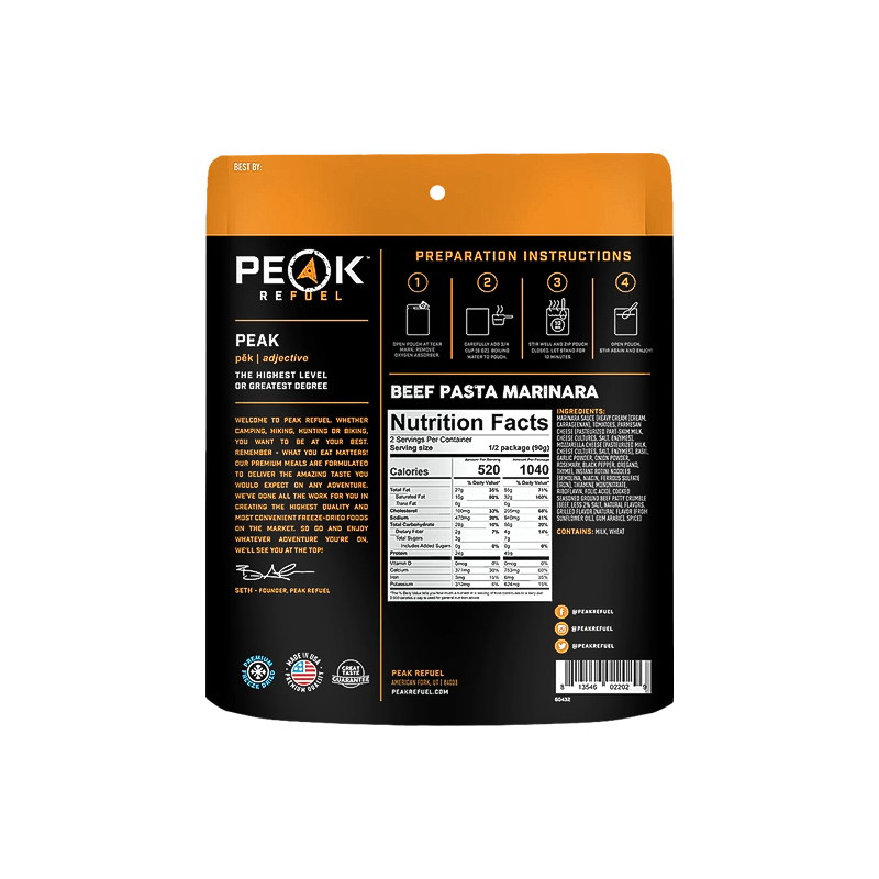 Peak Refuel beef pasta marinara nutrition facts, 2 servings, high-protein, dehydrated meal, ready in under 10 minutes, no fillers.