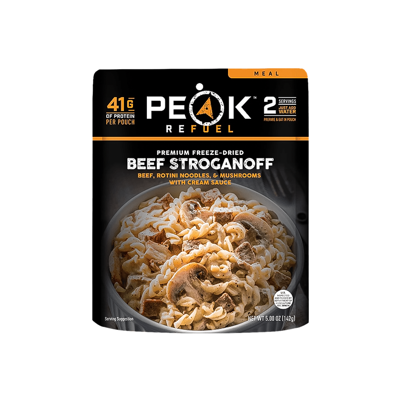 2-serving Peak Refuel beef stroganoff, a high-protein dehydrated meal made with real meat, ready in under ten minutes.  
