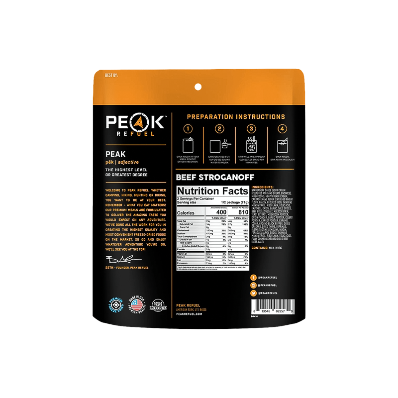 Peak Refuel beef stroganoff nutrition facts, 41 grams protein; quick to prepare and easy to rehydrate.  