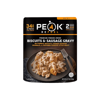 Peak Refuel protein biscuits with savory sausage gravy, ideal for nutritious, quick meals on the go.