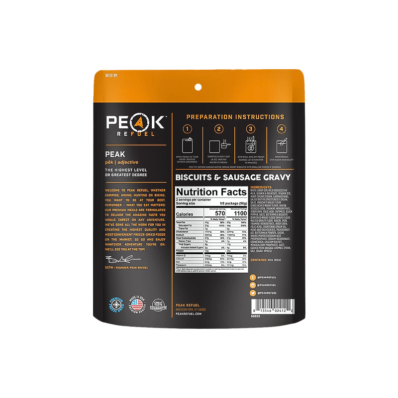 Peak Refuel protein biscuits with sausage gravy nutrition facts. Perfect for quick, high-protein backpacking meals.  