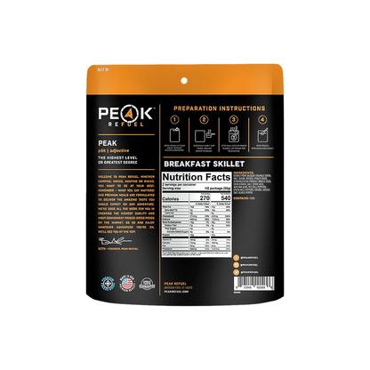 Nutrition facts of delicious breakfast skillet by Peak Refuel, made with real meat for quick, nutritious backpacking meals.
