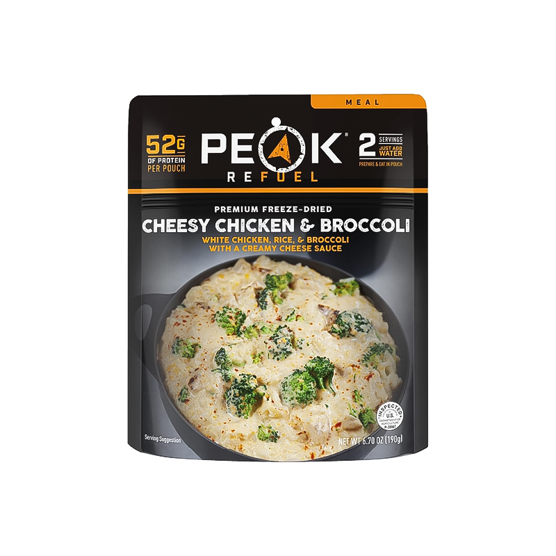 Peak Refuel chicken and broccoli meal, protein-packed and quick to prepare, perfect for backpacking.