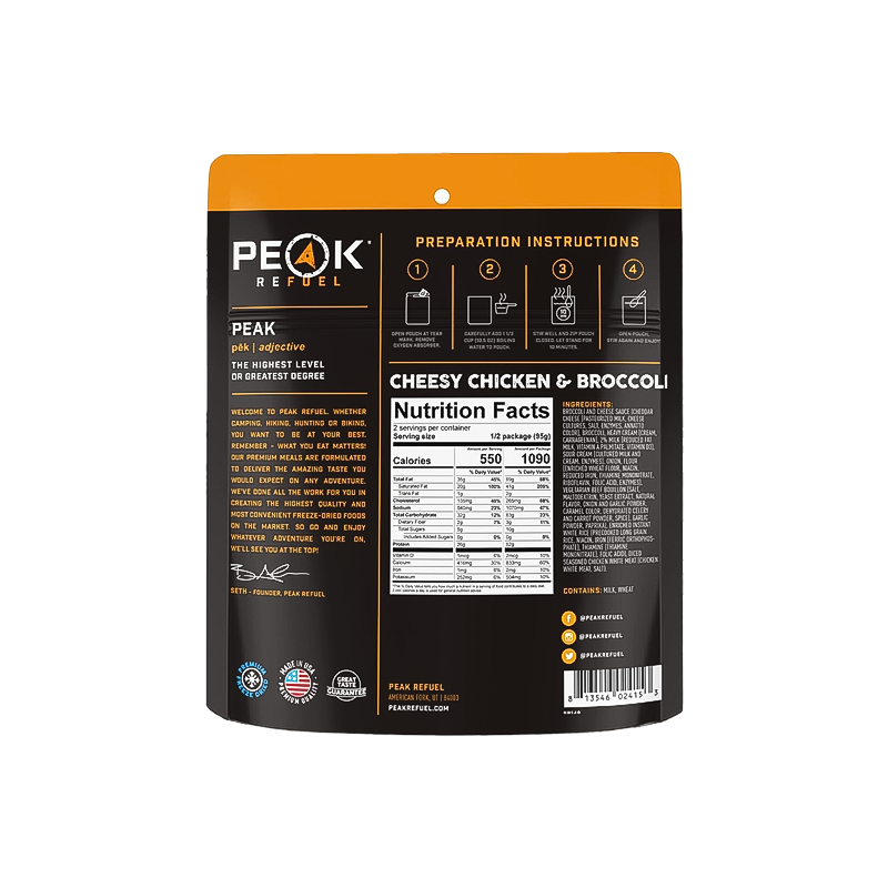Nutrition facts of Peak Refuel chicken and broccoli, a protein-rich dehydrated meal made with real meat, ready in under ten minutes.
