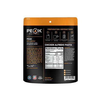 Peak Refuel chicken alfredo pasta nutrition facts, a quick, protein-rich meal with real meat, needing less water for rehydration.