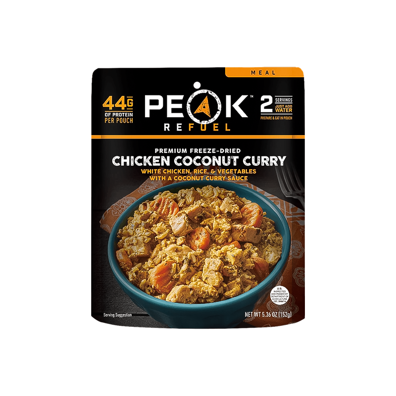 Peak Refuel's chicken coconut curry, a protein-rich dehydrated meal ready in under ten minutes.