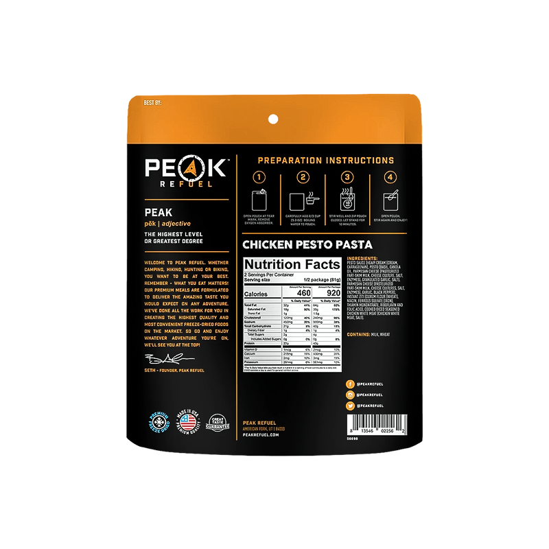 Chicken pesto pasta by Peak Refuel nutrition facts.