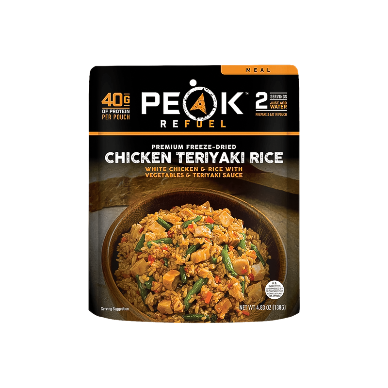 Peak Refuel chicken teriyaki rice, a protein-packed dehydrated meal made from 100% real meat.