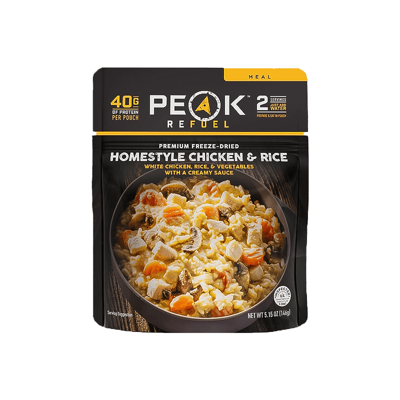 Peak Refuel Homestyle Chicken & Rice, a dehydrated meal with real meat, ready in under 10 minutes.