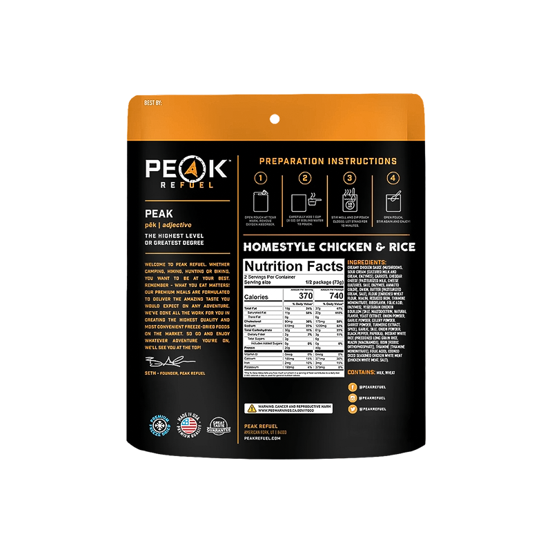 Nutrition facts of Peak Refuel Homestyle Chicken & Rice, a protein-rich meal with real meat, ready in under 10 minutes.  