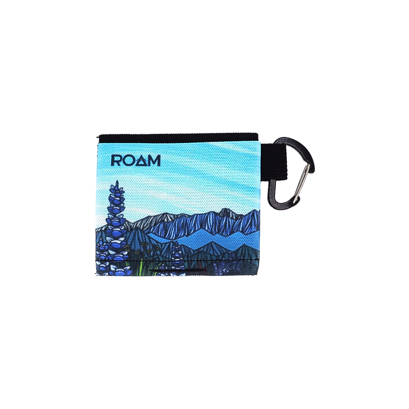 Minimalist blue and white &quot;ROAM&quot; pouch for cards and cash, perfect for adventures.