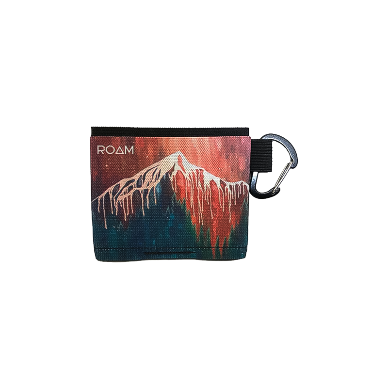 A minimalist pouch with a mountain design, perfect for securely holding cards and cash on your adventures.