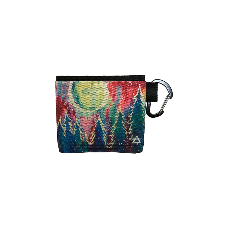 Colorful pouch with trees and a moon, perfect for adventure lovers, featuring three compartments for cards and cash.