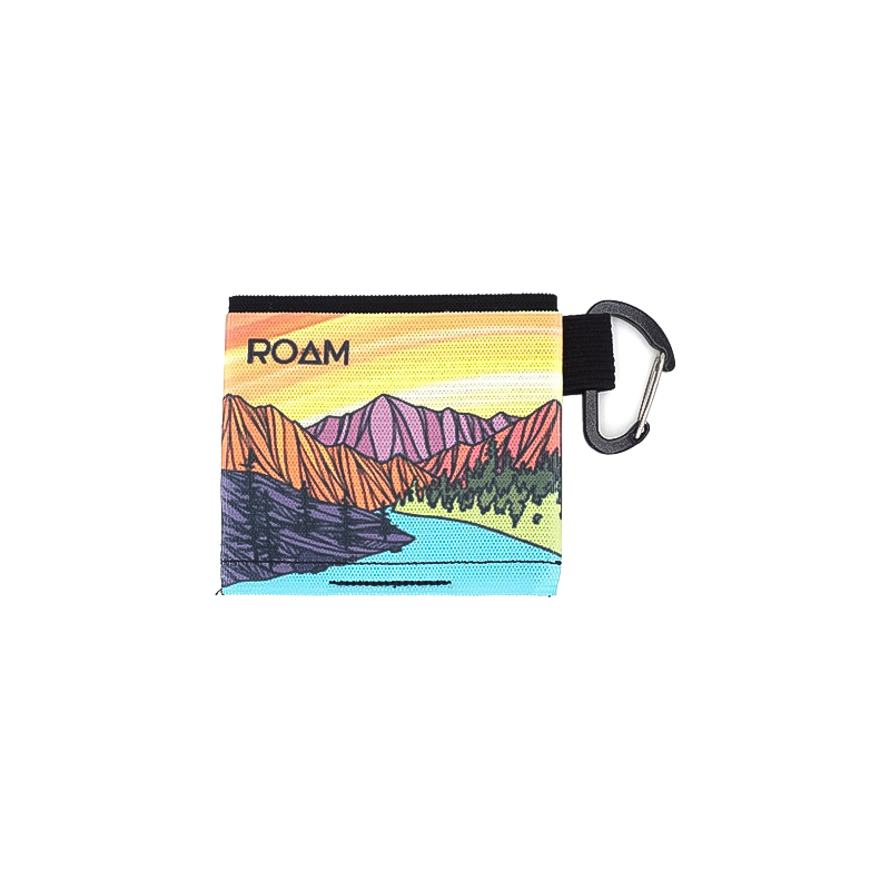 A sleek pouch with a mountain illustration, perfect for securely holding cards and cash on outdoor adventures.