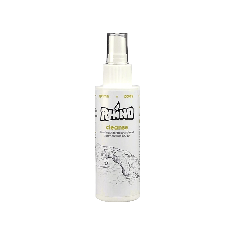 Rhino Skin 3.4 oz. Cleanse Spray bottle on a white background, ideal for cleaning after outdoor activities.