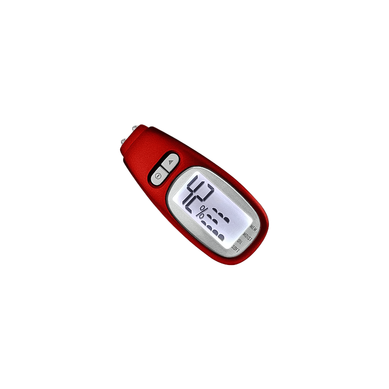 Red digital thermometer on a white backdrop for precise tracking of skin moisture and oil.