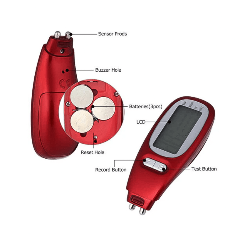 Red digital thermometer on a white backdrop for precise tracking of skin moisture and oil.