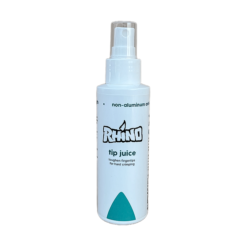 A Rhino Skin Tip Juice 3.4oz bottle on a white background for sweaty hands climbers.