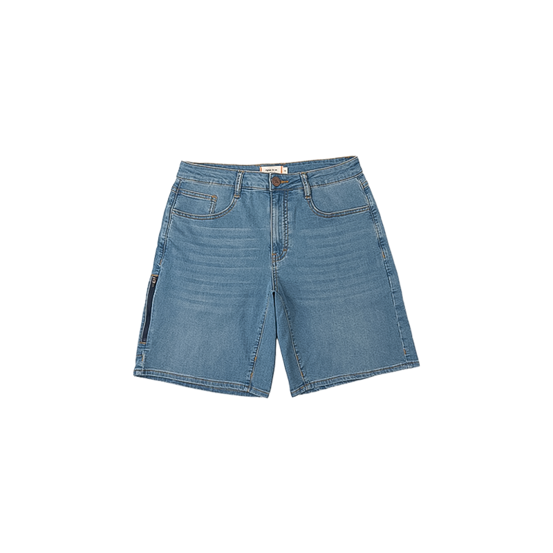 Blue denim shorts with pockets, designed for biking and casual wear, featuring stretch fabric and a relaxed fit for comfort.