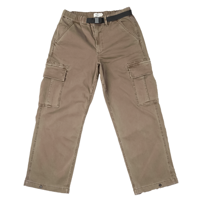 Brown cargo pants with two pockets, featuring a relaxed fit and lightweight denim for comfort and mobility during active wear.