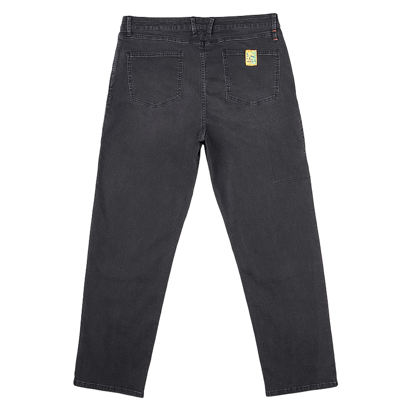 A pair of black jeans with yellow patches on the sides, engineered for comfort and mobility, ideal for outdoor activities.