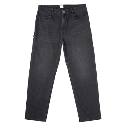 Black jeans with a zippered pocket, offering a relaxed fit and advanced stretch for comfort and mobility.