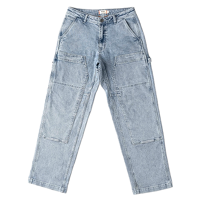 Blue denim utility jeans with double knees, spacious pockets, and a relaxed fit, designed for durability and comfort.