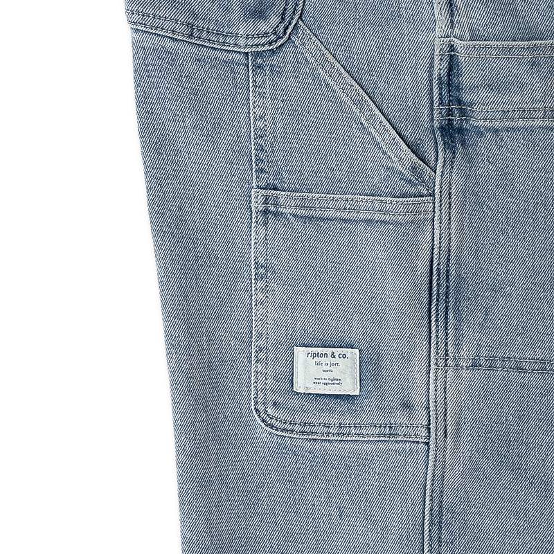 Close-up of a utility jeans pocket, showcasing durable stitching and spacious design for tools and essentials.