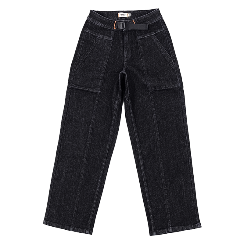 Black denim pants with elastic waistband, featuring a relaxed fit, gusseted crotch, and reinforced knees for active women.
