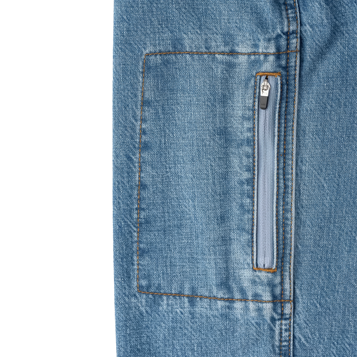Women's denim pants' zipper pockets focus.