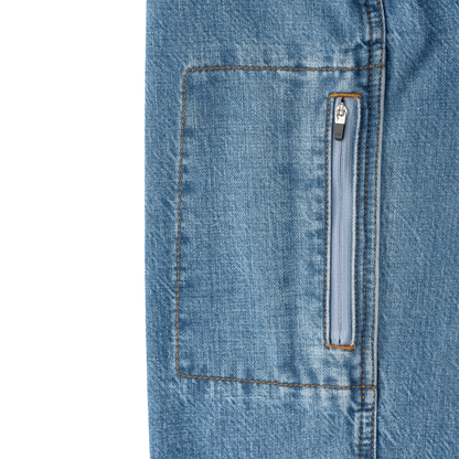 Women's denim pants' zipper pockets focus.