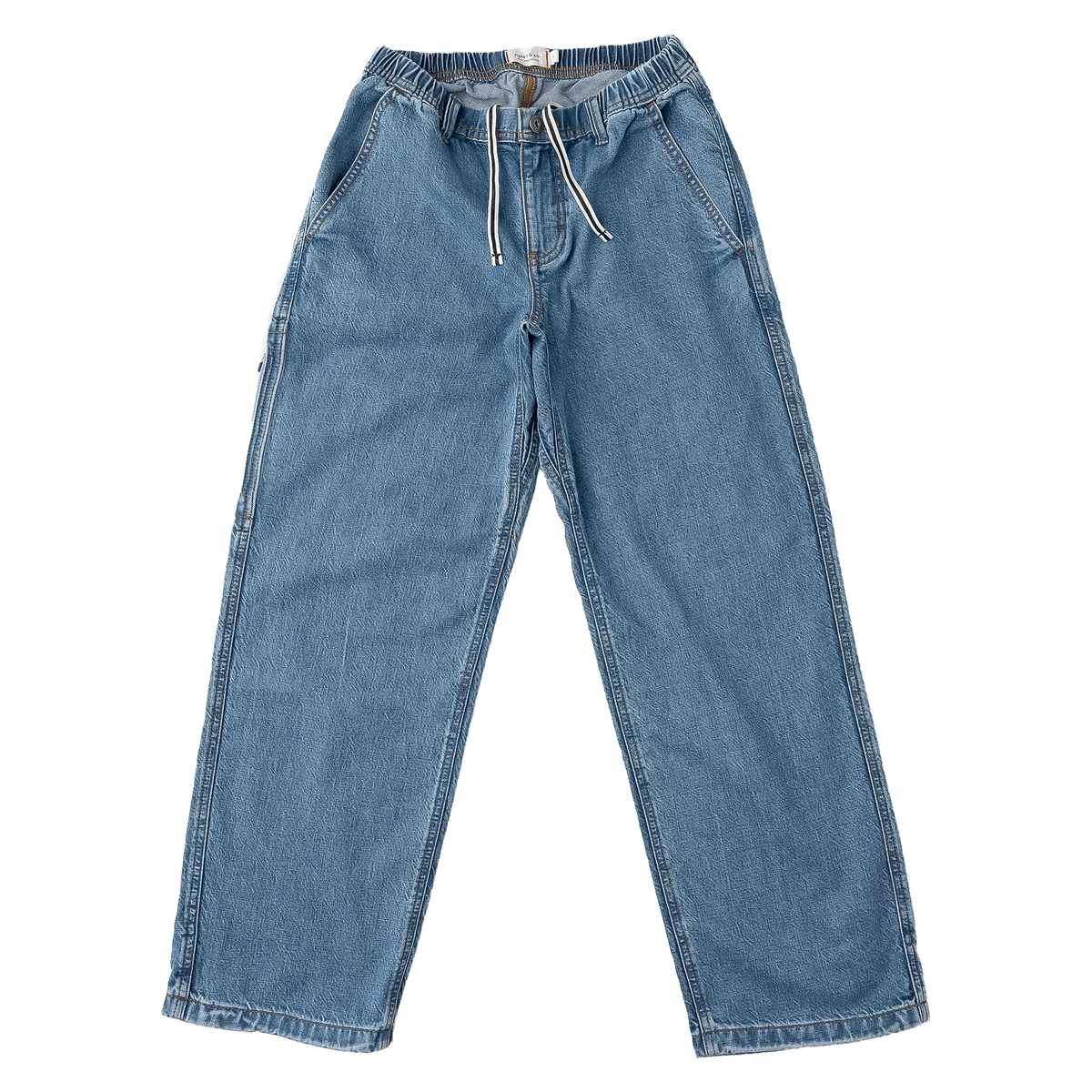 Women's denim pants featuring a drawstring waist for adjustable fit, designed for comfort and casual style.