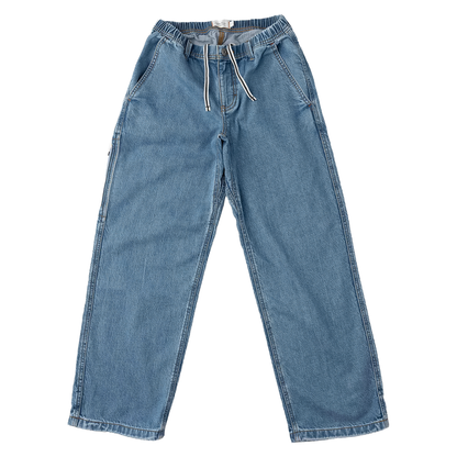 Women's denim pants featuring a drawstring waist for adjustable fit, designed for comfort and casual style.