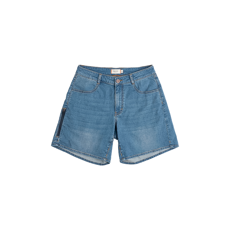 Women's blue denim shorts with pockets, offering a high-rise fit and stretch material for biking and outdoor activities.