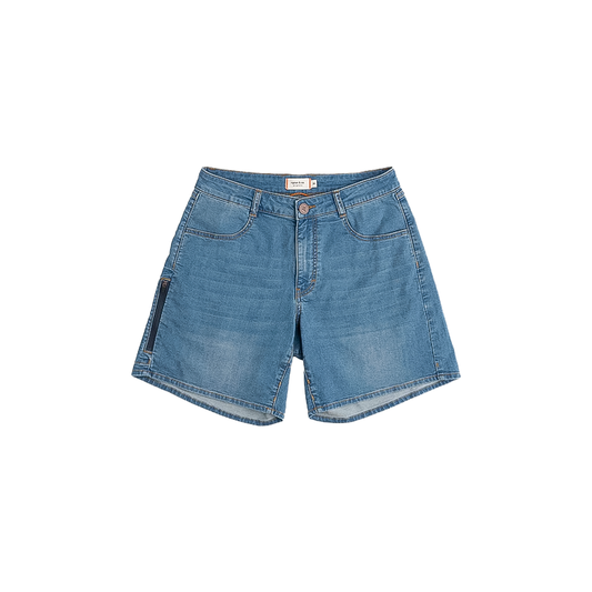 Women's blue denim shorts with pockets, offering a high-rise fit and stretch material for biking and outdoor activities.