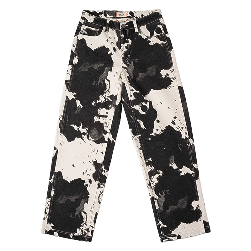 Black and white cow print pants designed for women, offering comfort, durability, and style for active lifestyles.