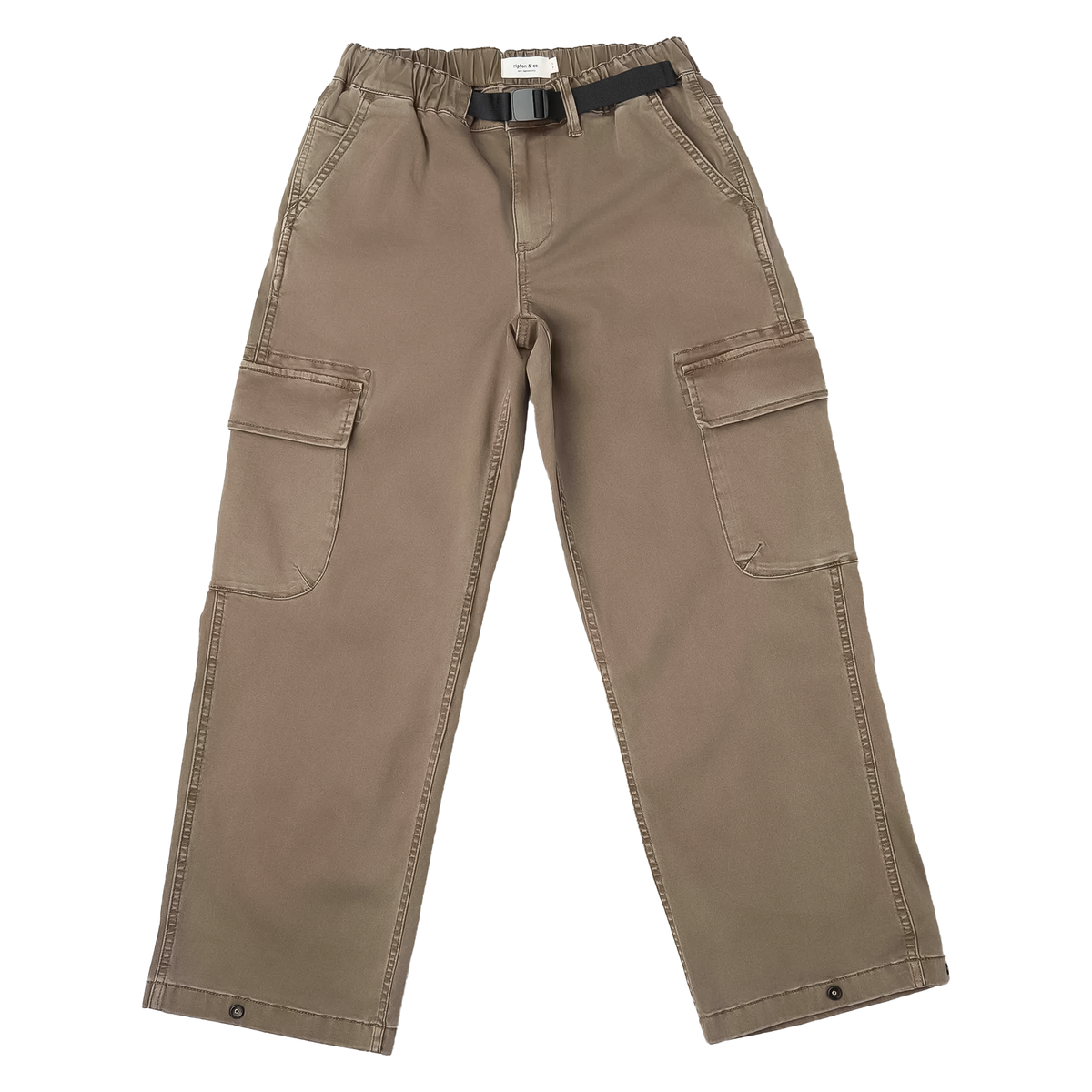 Brown cargo pants featuring a built-in belt and multiple pockets, designed for comfort and active outdoor use.