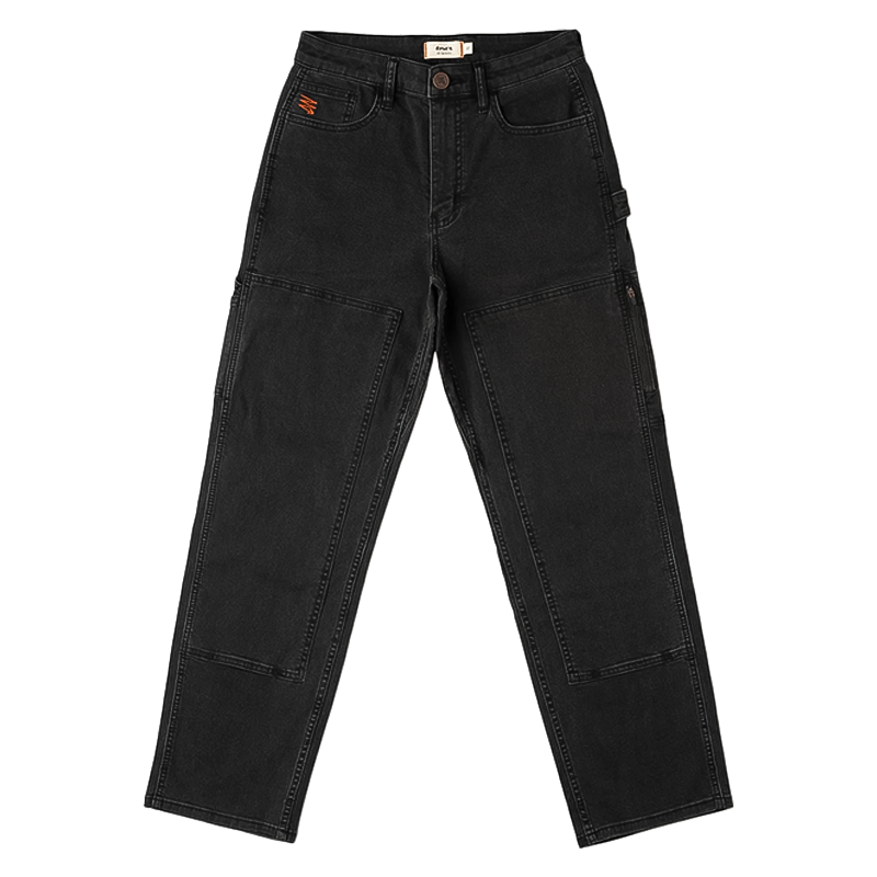 A pair of black jeans with a zippered pocket, designed for comfort and utility with a relaxed fit and durable fabric.