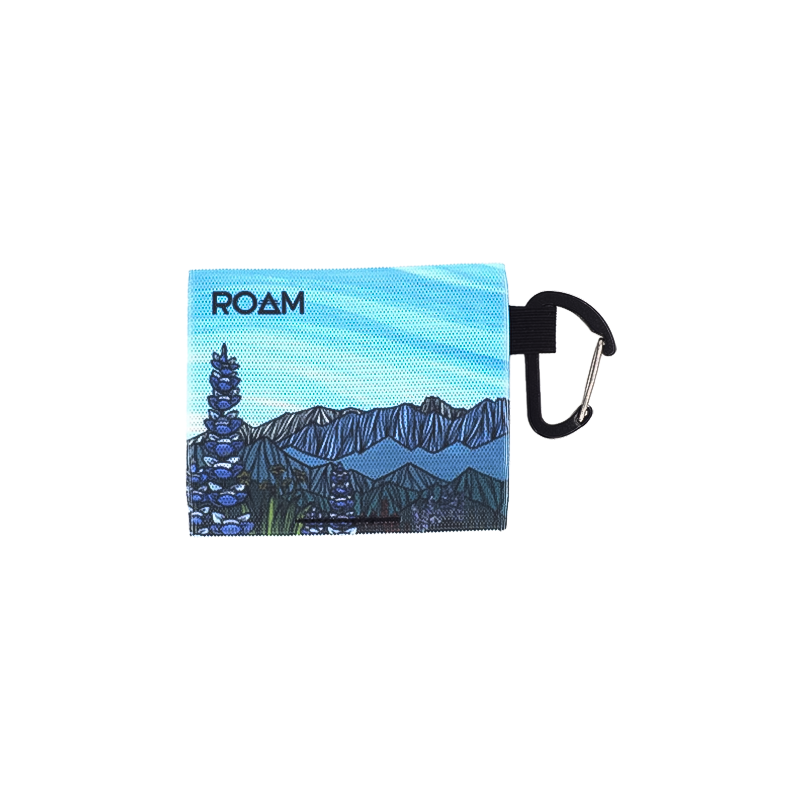 Minimalist blue and white ROAM wallet for cards and cash, ideal for adventures.