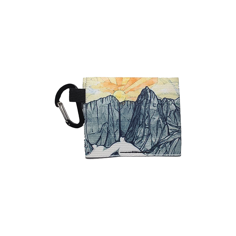 Sleek wallet featuring mountain and sun art, ideal for adventurers seeking a compact, secure spot for cards and cash.